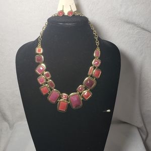 Ladies Burgundy and Gold Plated 24" Necklace with Earrings - New with out tag